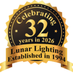 Lunar Lighting showcasing a lighting tower, emphasizing over 32 years of patented anti-glare, high-output lighting innovation trusted worldwide.