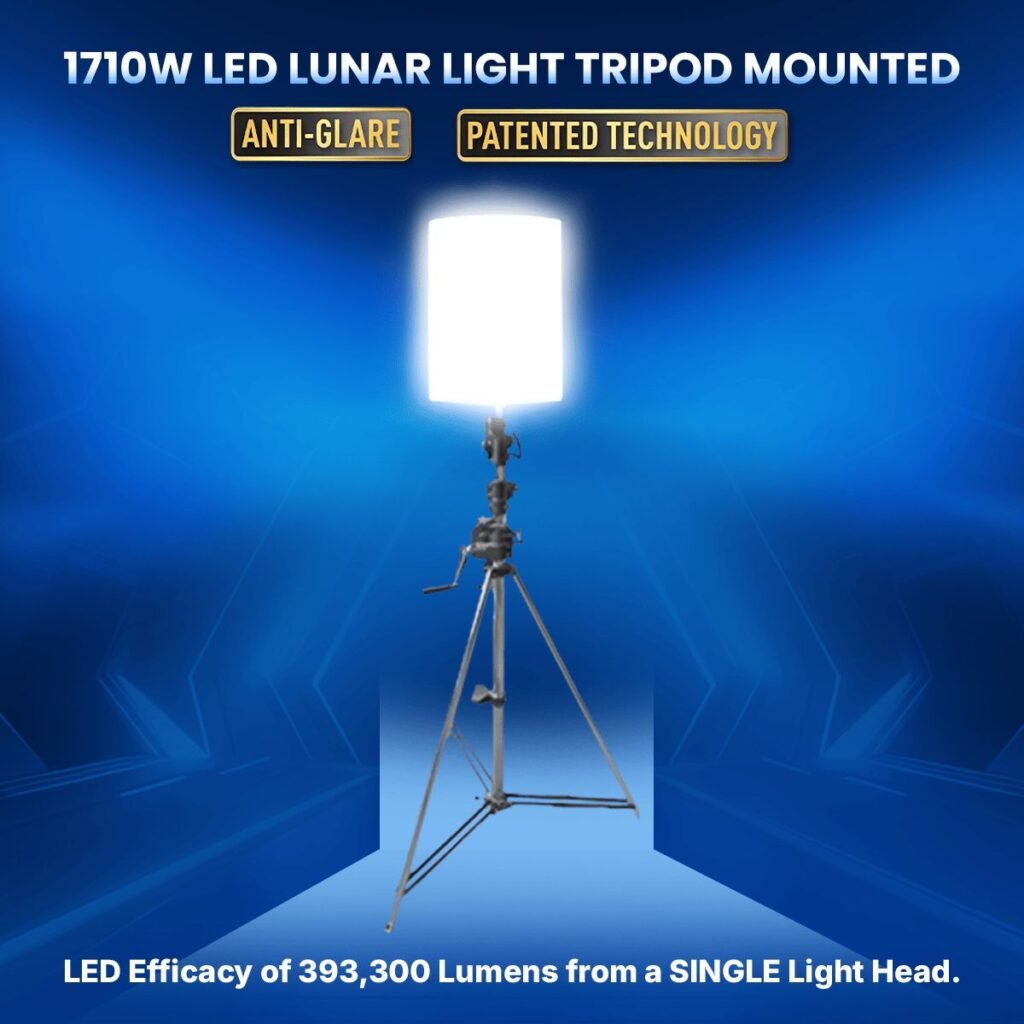 1710W LED Lunar Light mounted on a tripod, offering 393,300 lumens from a single head, designed for portability, dimming, and adjustable lighting with anti-glare technology.
