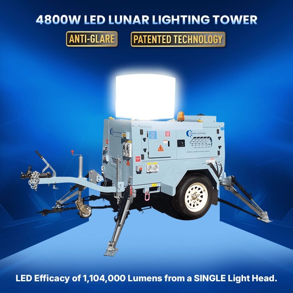 4800W LED Lunar Lighting Tower with anti-glare technology, providing 1,104,000 lumens from a single light head for large-scale lighting projects.