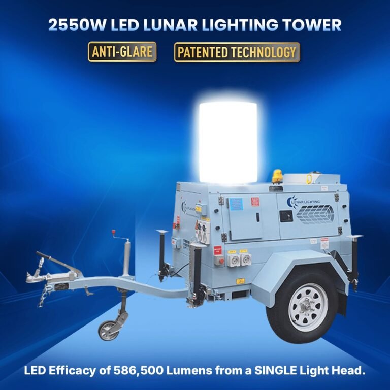 2550W LED Lunar Lighting Tower with a luminous efficacy of 586,500 lumens from a single light head, designed for large-scale, high-demand environments with anti-glare and patented technology.