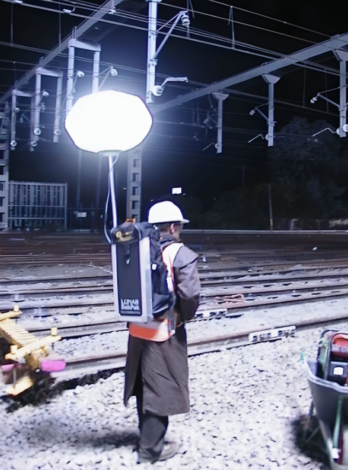 Lunar 12V BakPak Light, a portable, powerful lighting solution with a lightweight design perfect for mobile operations like night maintenance or search-and-rescue.